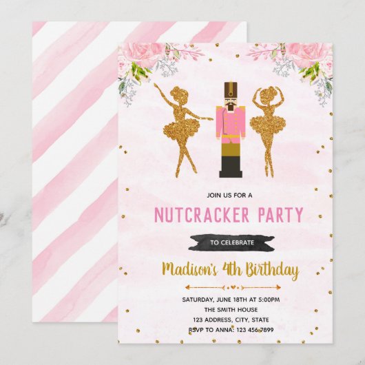 Floral nutcracker verjaardagsuitnodiging kaart (Voorkant / Achterkant)