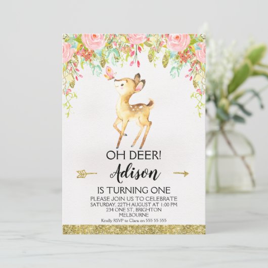 Floral Oh Deer Elke Leeftijd Verjaardag Uitnodigin Kaart (Staand voorkant)
