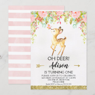 Floral Oh Deer Elke Leeftijd Verjaardag Uitnodigin Kaart