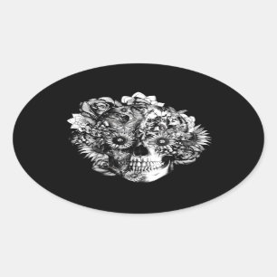 Floral Ohm Skull Illustration in zwart-wit. Ovale Sticker
