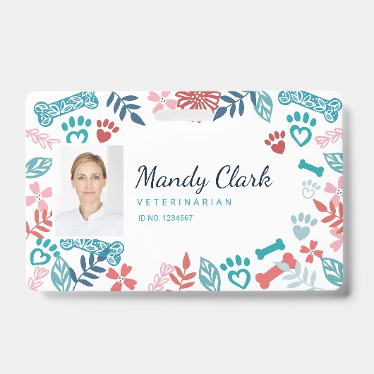Floral & oliage Pet Paw Print Pattern Foto-ID Badge (Voorkant)