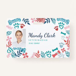 Floral & oliage Pet Paw Print Pattern Foto-ID Badge