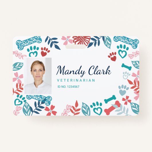 Floral & oliage Pet Paw Print Pattern Foto-ID Badge (Voorkant)