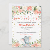 Floral-olifant baby shower perzikkoraalgroen kaart (Voorkant)