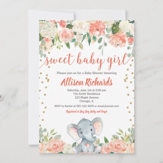 Floral-olifant baby shower perzikkoraalgroen kaart (Voorkant)