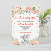 Floral-olifant baby shower perzikkoraalgroen kaart (Staand voorkant)