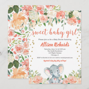 Floral-olifant baby shower perzikkoraalgroen kaart