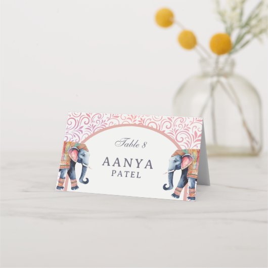 Floral Olifant & Mundap Arch Bruiloft Escort Naam Plaatskaartje (Voorkant)