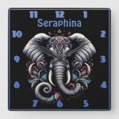 Floral  olifant ontwerp vierkante klok (Voorkant)