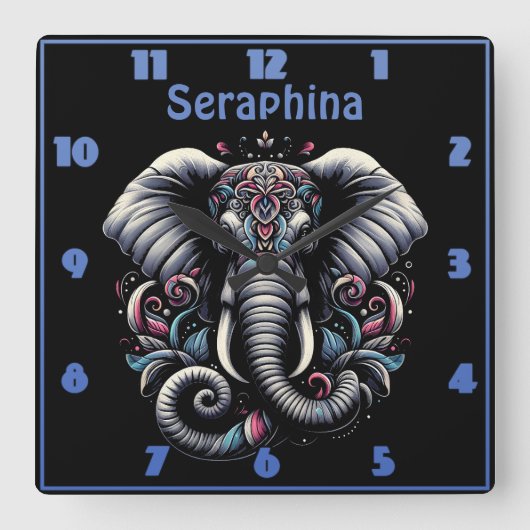 Floral  olifant ontwerp vierkante klok (Voorkant)