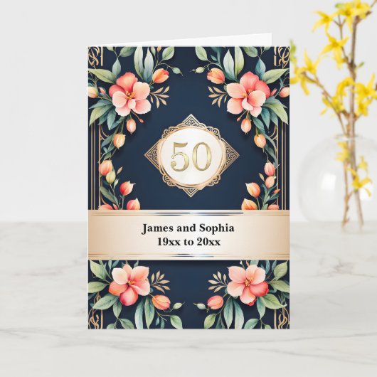 Floral on Black 50th Wedding Anniversary Kaart (Gele Bloem)