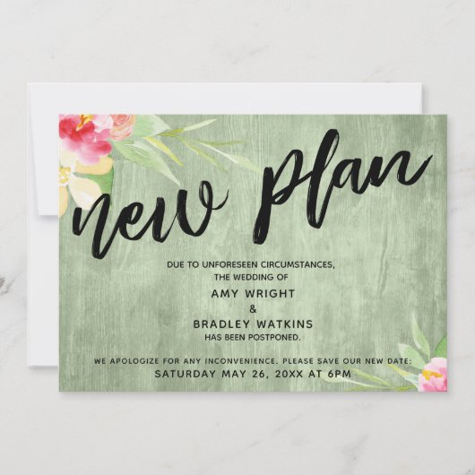 Floral on Green Wood "New Plan" Postponed Wedding Kaart (Voorkant)
