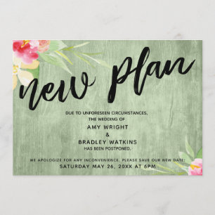 Floral on Green Wood "New Plan" Postponed Wedding Kaart