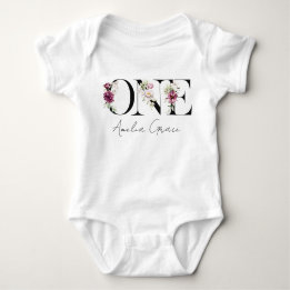 Floral ONE Baby Girl's 1e Verjaardag + Naam Outfit Romper