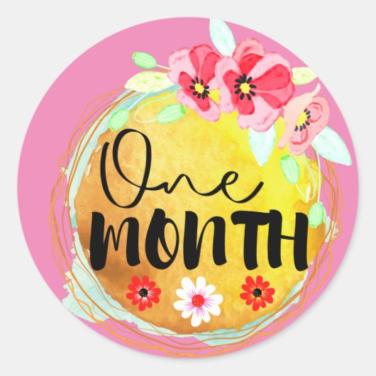 Floral One maand oud Baby-steenetiket Ronde Sticker (Voorkant)
