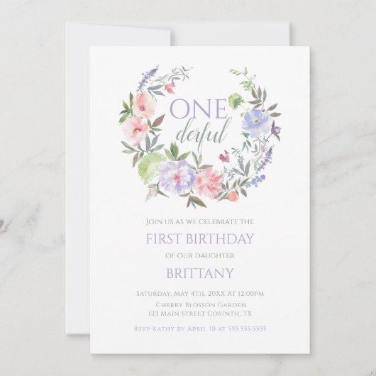 Floral Onederful First birthday Invitation Kaart (Voorkant)