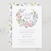 Floral Onederful First birthday Invitation Kaart (Voorkant / Achterkant)