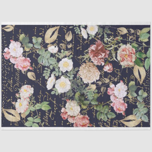 Floral ontkoppelen roze Rozen marineblauw goud Tissuepapier (Voorkant)