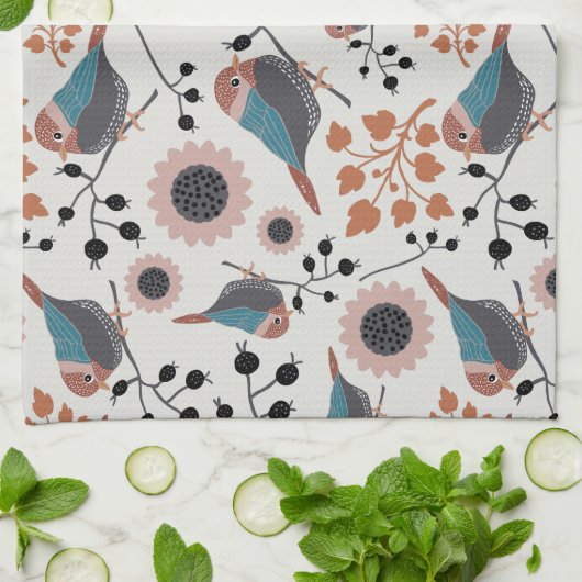 Floral ontwerp van de vogelpest en de berry theedoek (Gevouwen)