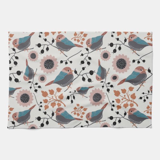 Floral ontwerp van de vogelpest en de berry theedoek (Horizontaal)