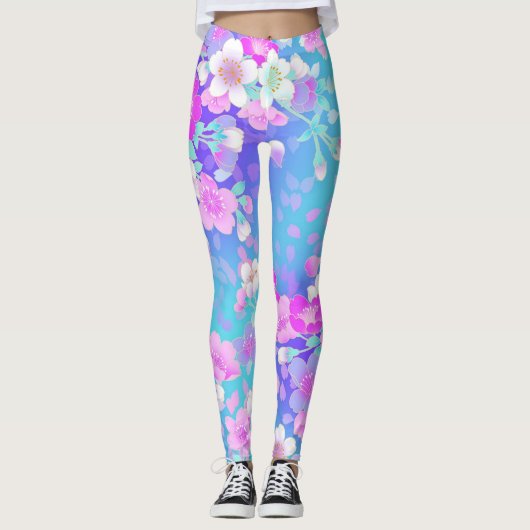 Floral op blauw leggings (Voorkant)