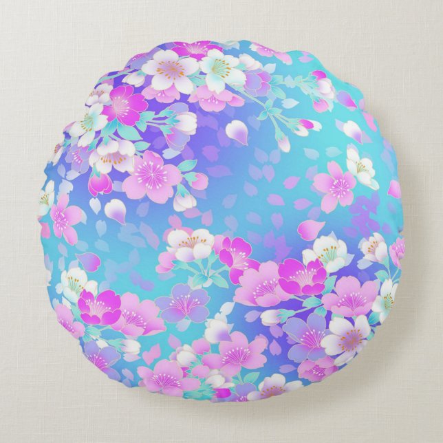 Floral op blauw rond kussen (Voorkant)