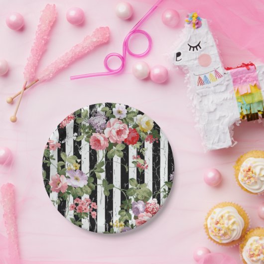 Floral op de weetherde zwarte streep papieren bordje (Feest)