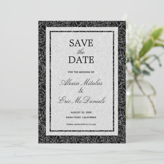 Floral op zwart save the date (Staand voorkant)