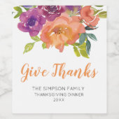 Floral Orange and Purple Give Thanks Wine Label Wijn Etiket (Enkel label)
