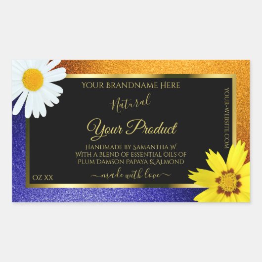 Floral Oranje Blue Glitter Black Product Labels (Voorkant)