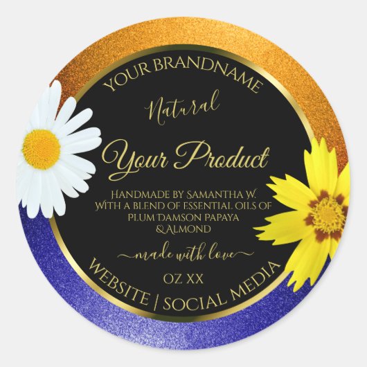 Floral Oranje Blue Glitter Black Product Labels (Voorkant)
