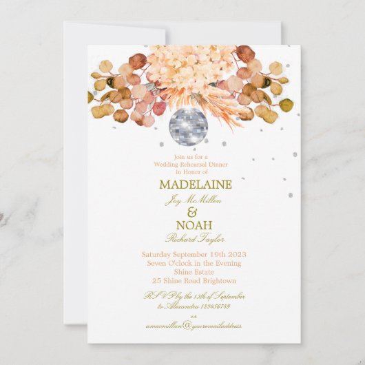 Floral Oranje Disco Ball Elegant Wedding Rehearsal Kaart (Voorkant)