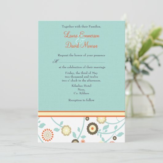 Floral oranje en blue Wedding-uitnodiging Kaart (Staand voorkant)