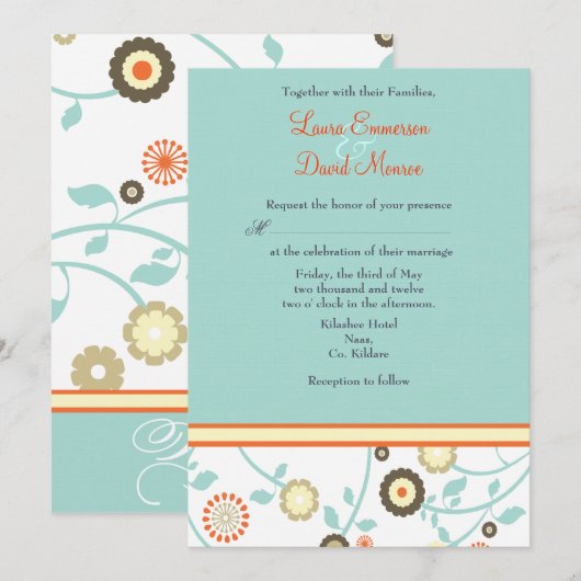 Floral oranje en blue Wedding-uitnodiging Kaart (Voorkant / Achterkant)