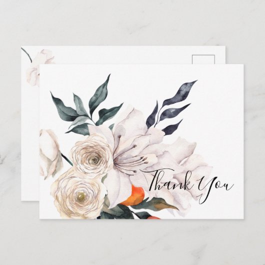 Floral oranje en witte bruiloft Dank u Briefkaart (Voorkant / Achterkant)