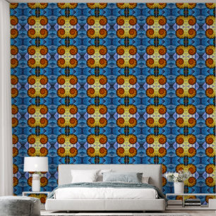 Floral Oranje Geel Blauw Abstracte Kunst Behang