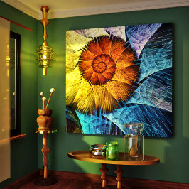 Floral Oranje Geel Blauw Abstracte Kunst Canvas Afdruk