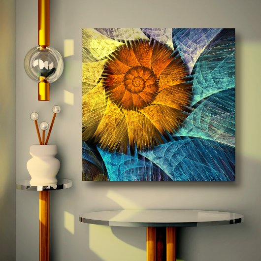 Floral Oranje Geel Blauw Abstracte Kunst Canvas Afdruk