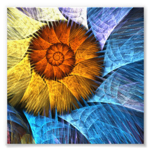 Floral Oranje Geel Blauw Abstracte Kunst Foto Afdruk
