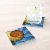 Floral Oranje Geel Blauw Abstracte Kunst Glazen Onderzetter (Schuin)