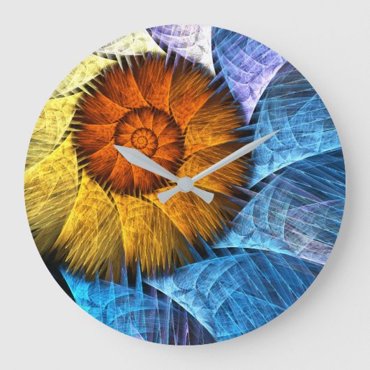 Floral Oranje Geel Blauw Abstracte Kunst Grote Klok (Voorkant)