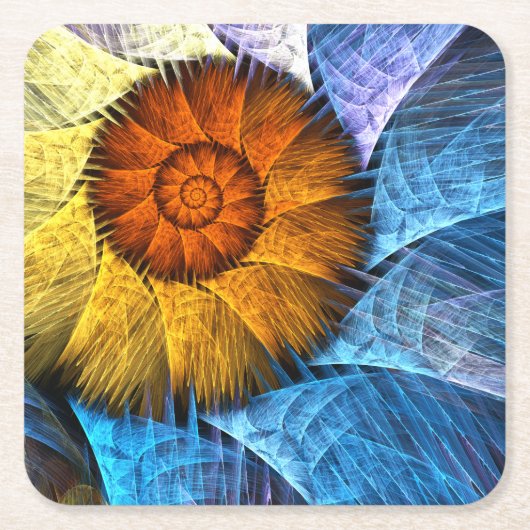 Floral Oranje Geel Blauw Abstracte Kunst Kartonnen Onderzetters (Voorkant)