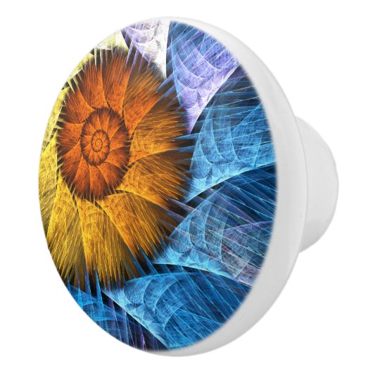 Floral Oranje Geel Blauw Abstracte Kunst Keramische Knop (Rechts)