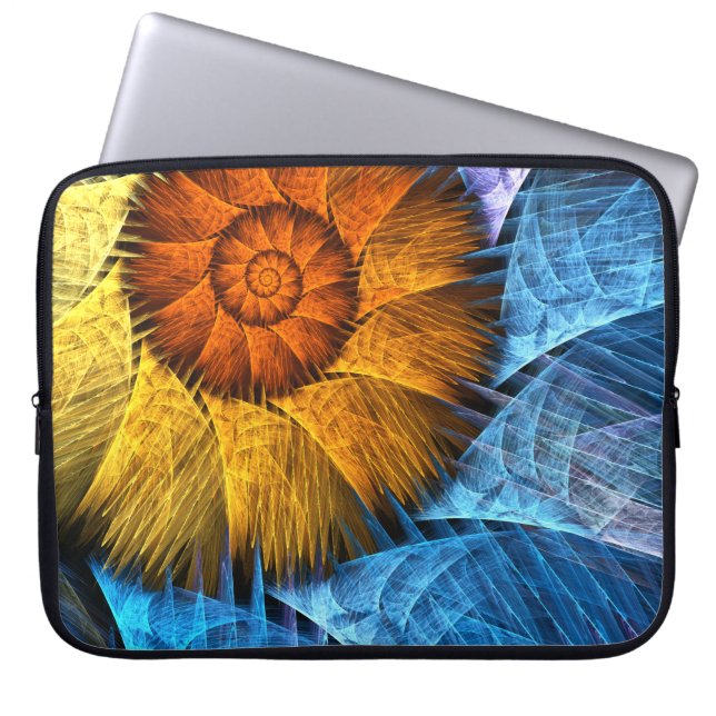 Floral Oranje Geel Blauw Abstracte Kunst Laptop Sleeve (Voorkant)