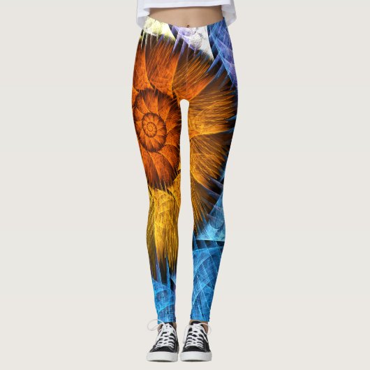 Floral Oranje Geel Blauw Abstracte Kunst Leggings (Voorkant)