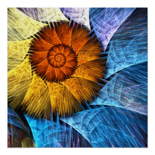 Floral Oranje Geel Blauw Abstracte Kunst Perfect Poster (Voorkant)