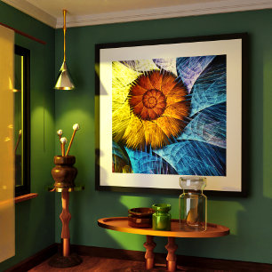 Floral Oranje Geel Blauw Abstracte Kunst Poster