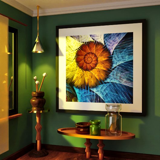 Floral Oranje Geel Blauw Abstracte Kunst Poster