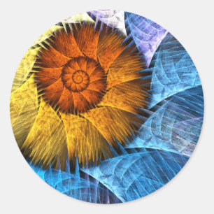Floral Oranje Geel Blauw Abstracte Kunst Ronde Sticker