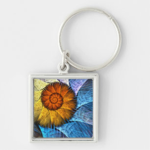 Floral Oranje Geel Blauw Abstracte Kunst Sleutelhanger